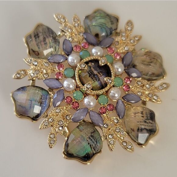 Anne Klein Brooch Gold Tone Faux Pearl Cabachons Multicolor Brooch #507 - Picture 14 of 16